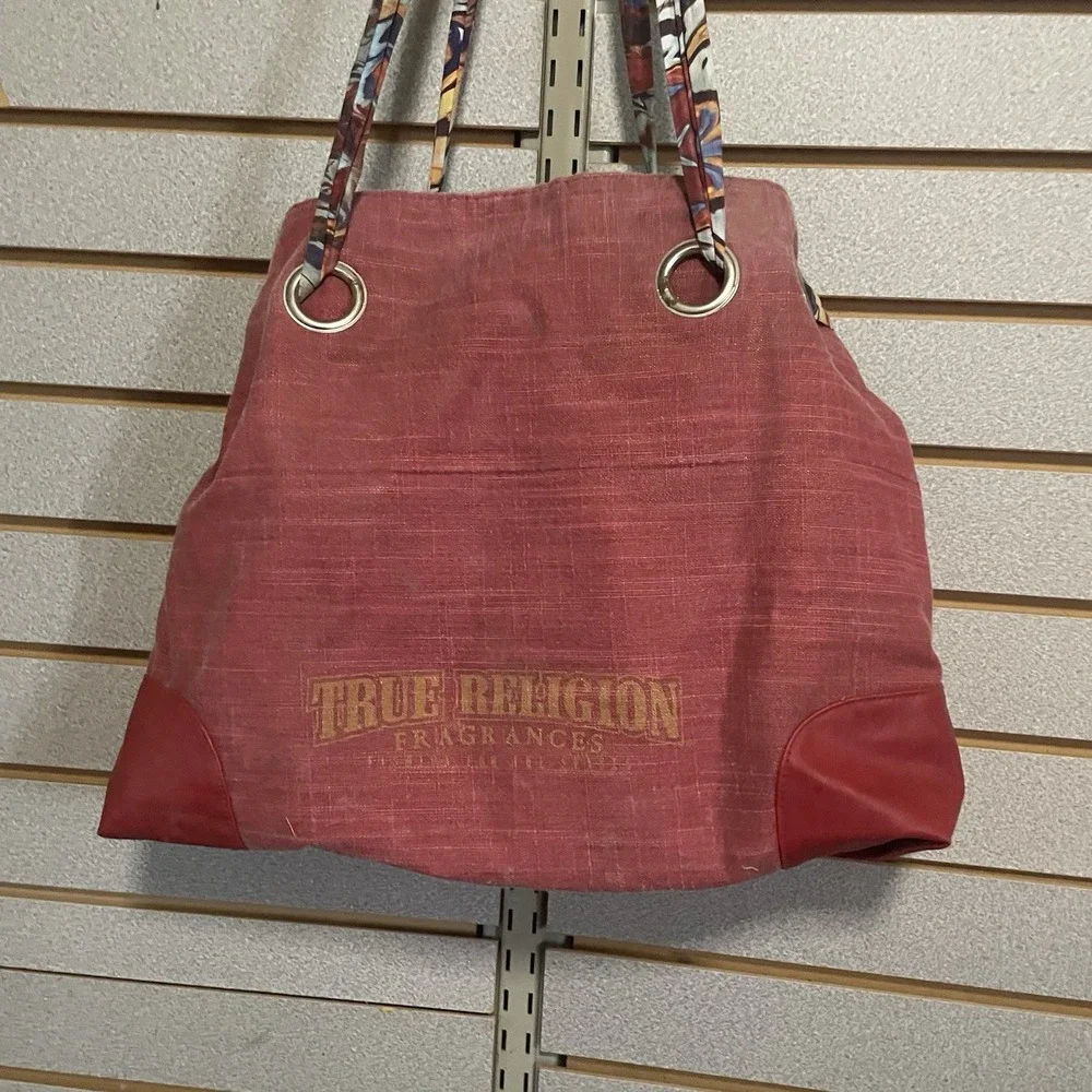 TRUE RELIGION Fragrances Hippie Chic Tote Bag Purse Red/Multi Color Drawstring!‎